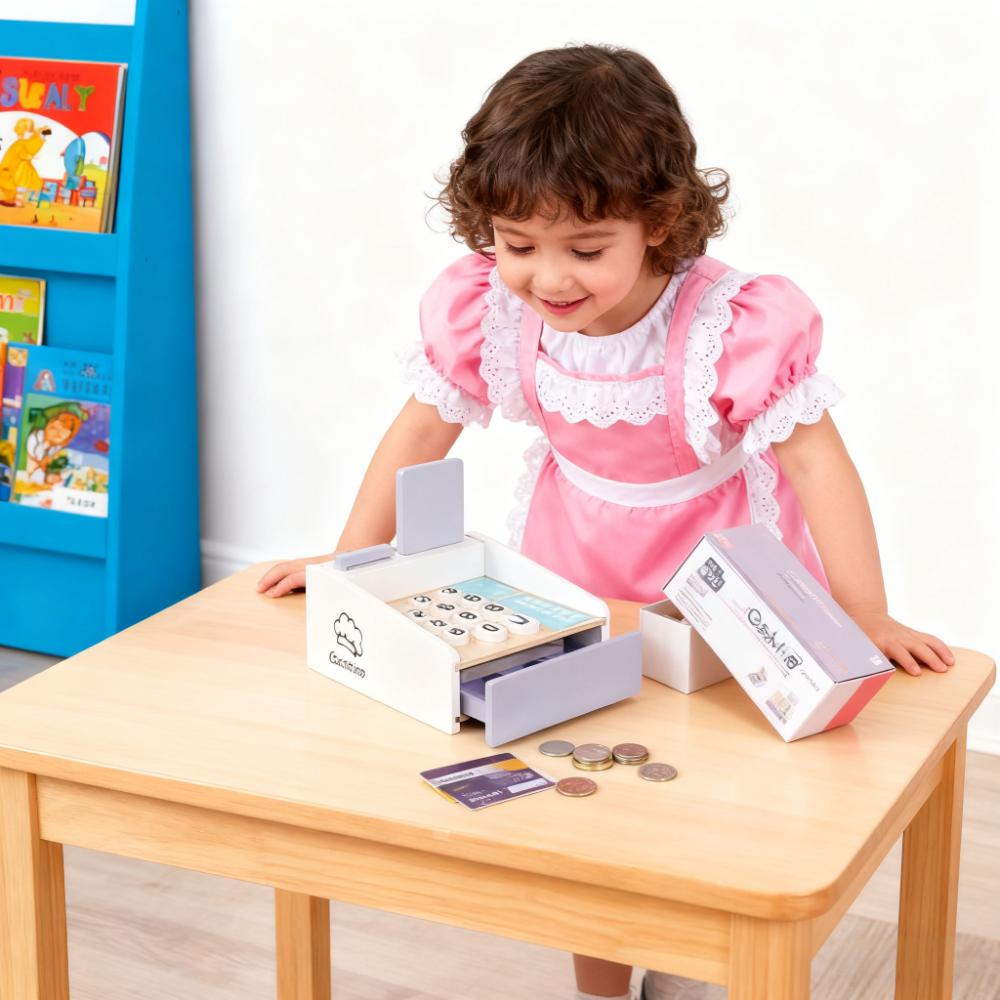 Toy Cash Register - Wooden Kids Cash Register Pretend Play