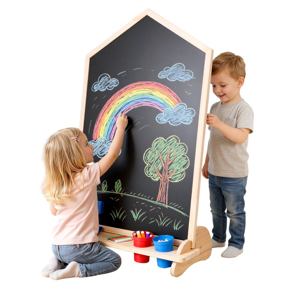 Kids Art Easel - House-Shaped Double-Sided Drawing Board, Magnetic Whiteboard