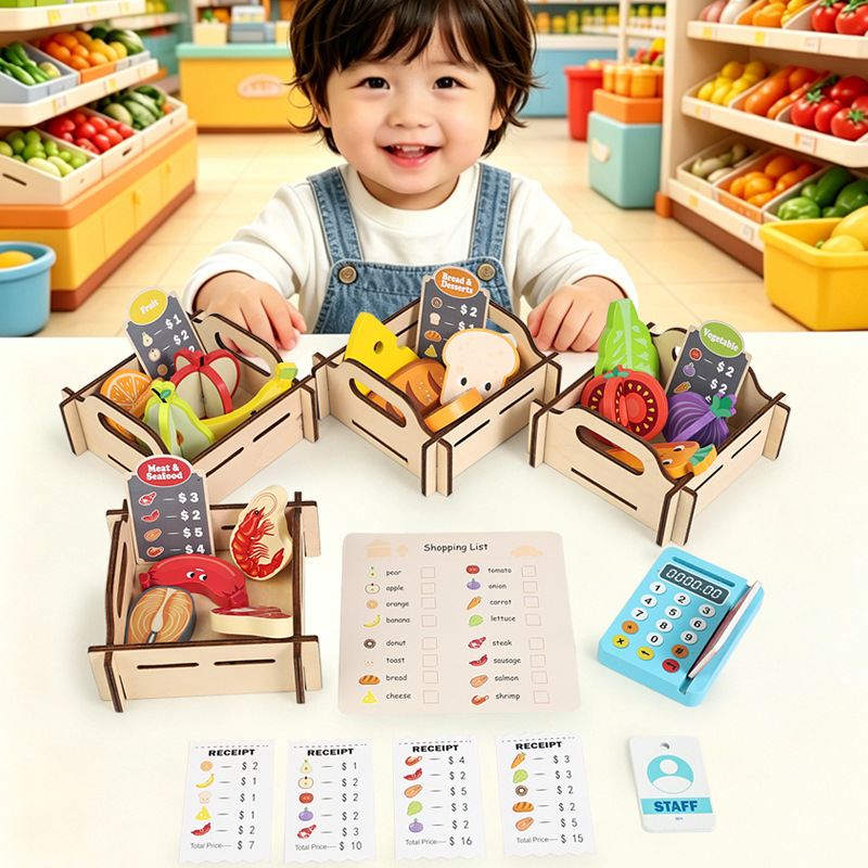 Wooden Supermarket Pretend Pla - Toy Cash Register ulasan dan harga