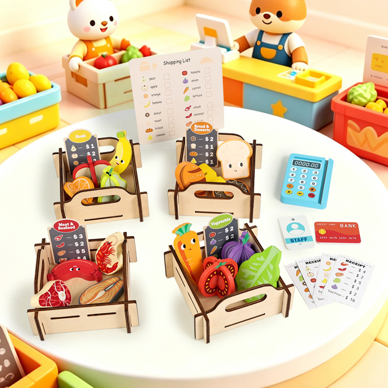 Wooden Supermarket Pretend Pla - Toy Cash Register ulasan dan harga